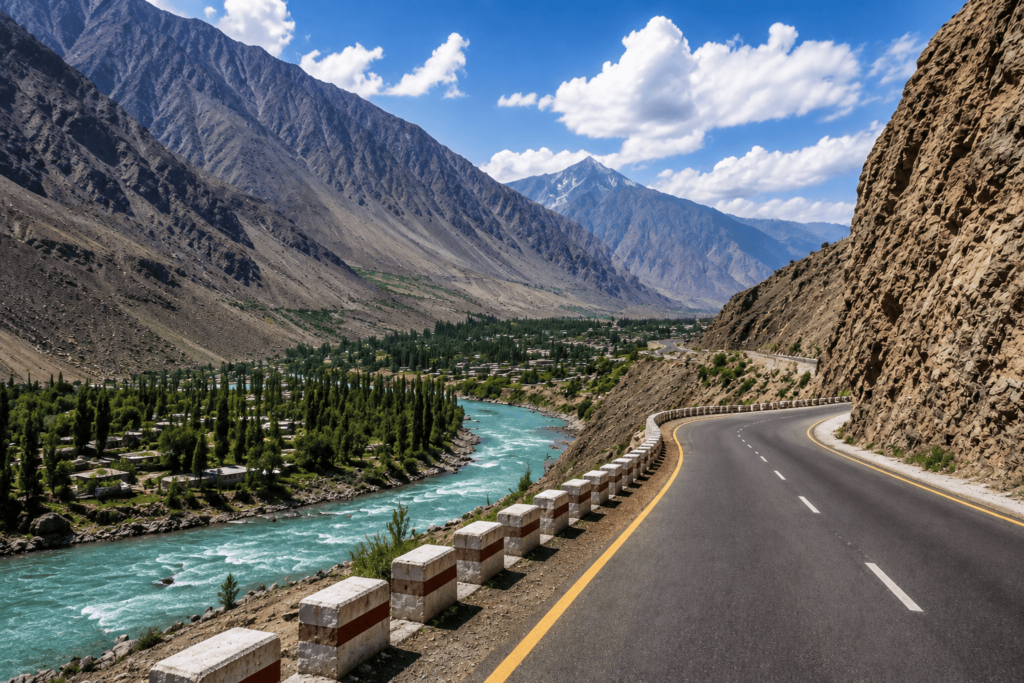 Scenic mountain road winding through the rugged valleys of Skardu, Gilgit-Baltistan, beside a turquoise river.