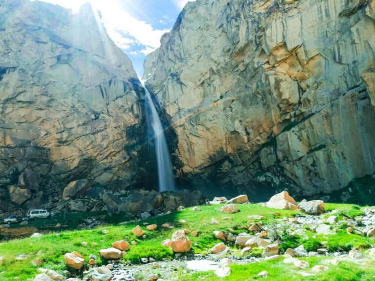 Khamosh Waterfall Cascading Down Rocky Cliffs In Kharmang Gilgit Baltistan Pakistan