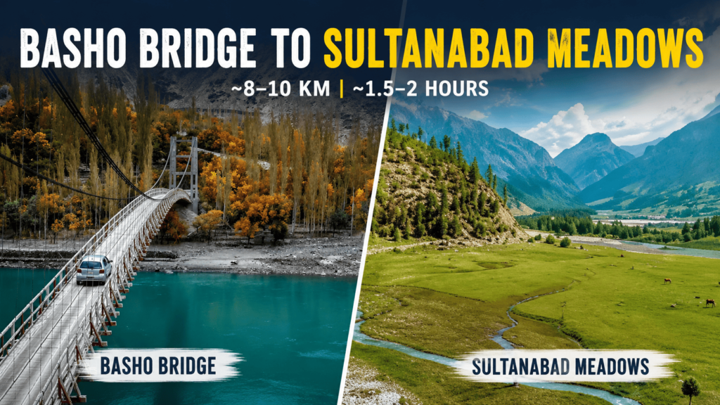 Basho Bridge to Sultanabad Meadows route showing the suspension bridge and green mountain meadows
