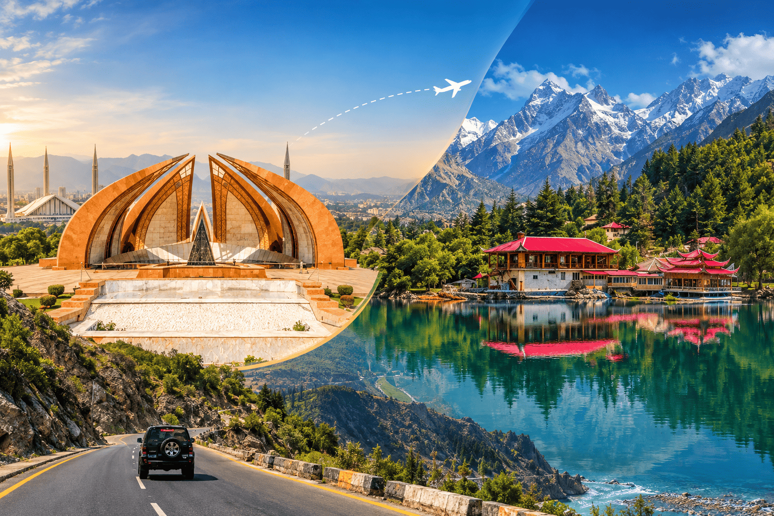 Islamabad to Skardu road journey with Faisal Mosque and mountain highway