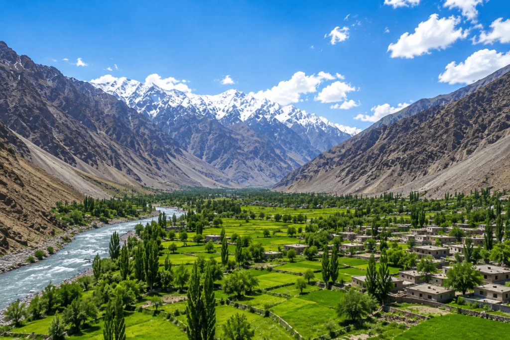 Scenic view of Bilamik Valley in Gilgit-Baltistan, Pakistan, with green fields, a river, villages, and snow-capped mountains.