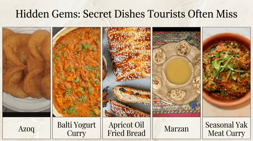 Hidden Gilgit-Baltistan dishes including Azoq, Balti yogurt curry, apricot oil fried bread, Marzan and seasonal yak meat curry