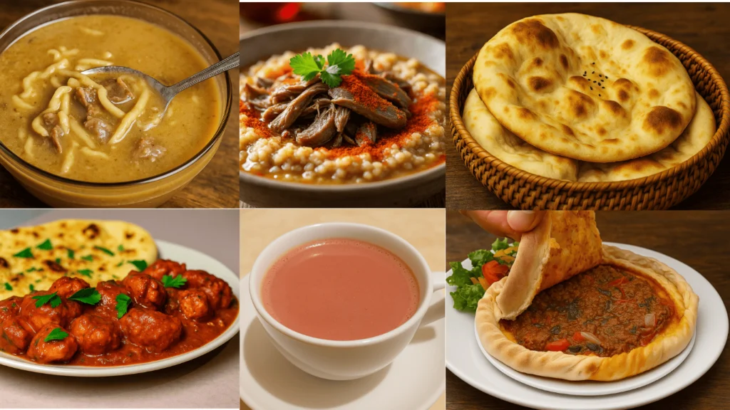 Collage of traditional Skardu local foods including Balay noodle soup, Chapshoro meat pie, Mamtu dumplings, Khambir bread, and pink Namkeen Chai.
