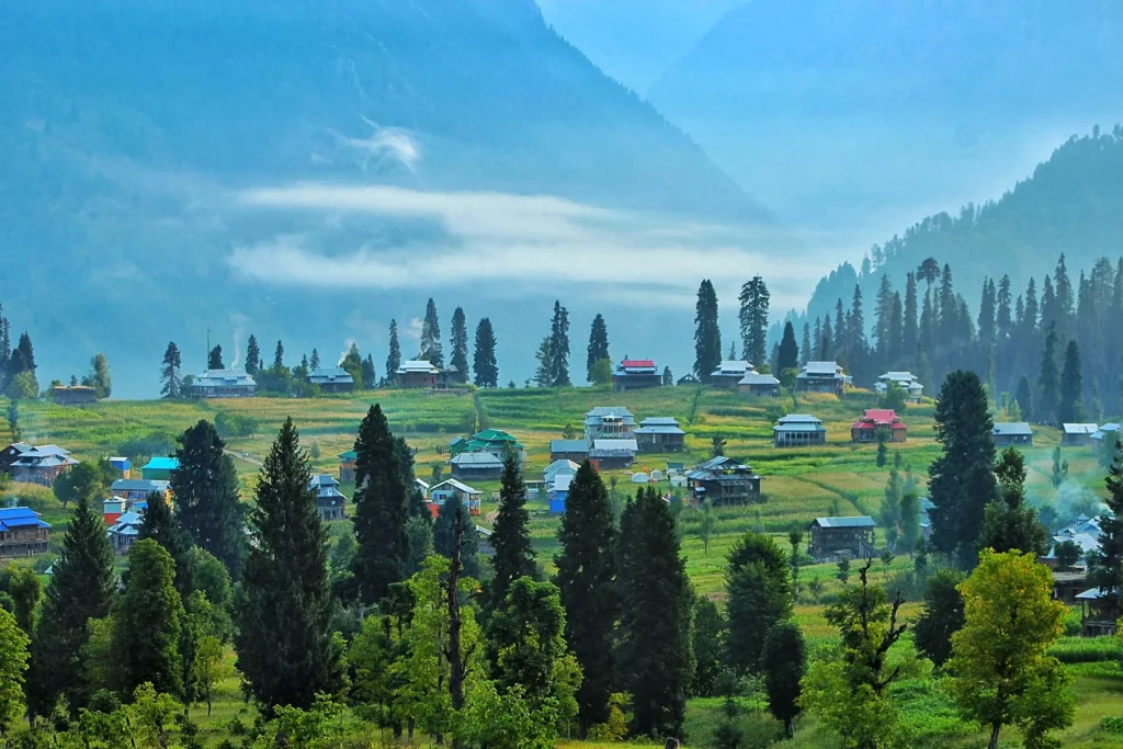 Arang Kel village in Azad Kashmir surrounded by green fields, tall trees, and misty mountains