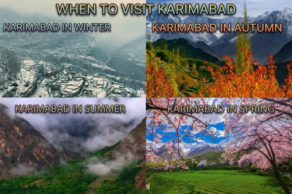 Four-panel collage showing Karimabad Hunza weather across spring, summer, autumn, and winter seasons.