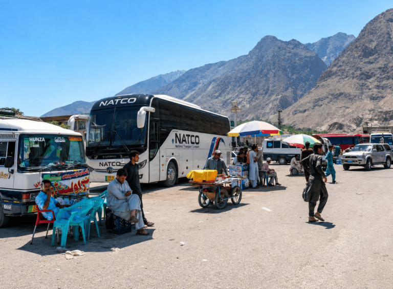 NATCO long-distance passenger bus parked at a roadside stop near Hunza along the Karakoram Highway