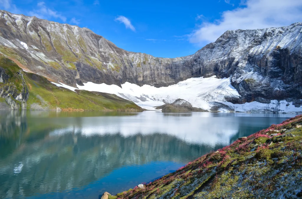Ratti Gali Lake in Kashmir surrounded by snow-covered mountains and a glacier