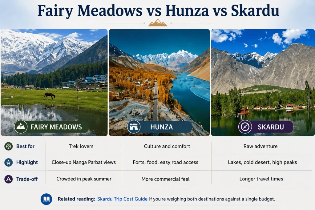 Fairy Meadows vs Hunza vs Skardu travel comparison showing mountain landscapes and the best features, highlights, and trade-offs of three top destinations in northern Pakistan.