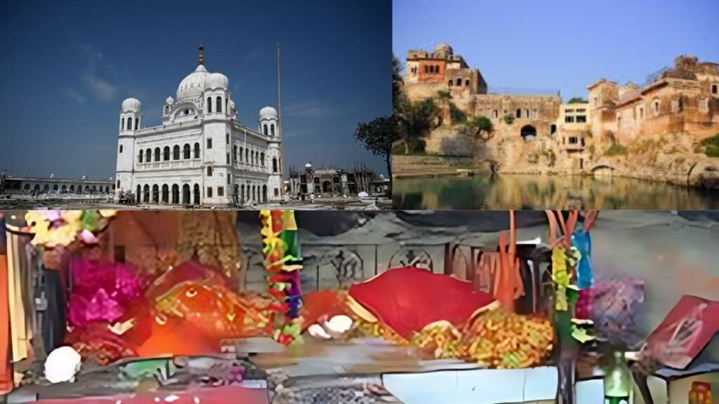 Collage showcasing diverse spiritual places in Pakistan: white-domed Sikh Gurdwara Panja Sahib under blue sky, historic fort-like structure by a serene pond (possibly Katas Raj Temple), and vibrant colorful offerings at a shrine or market.