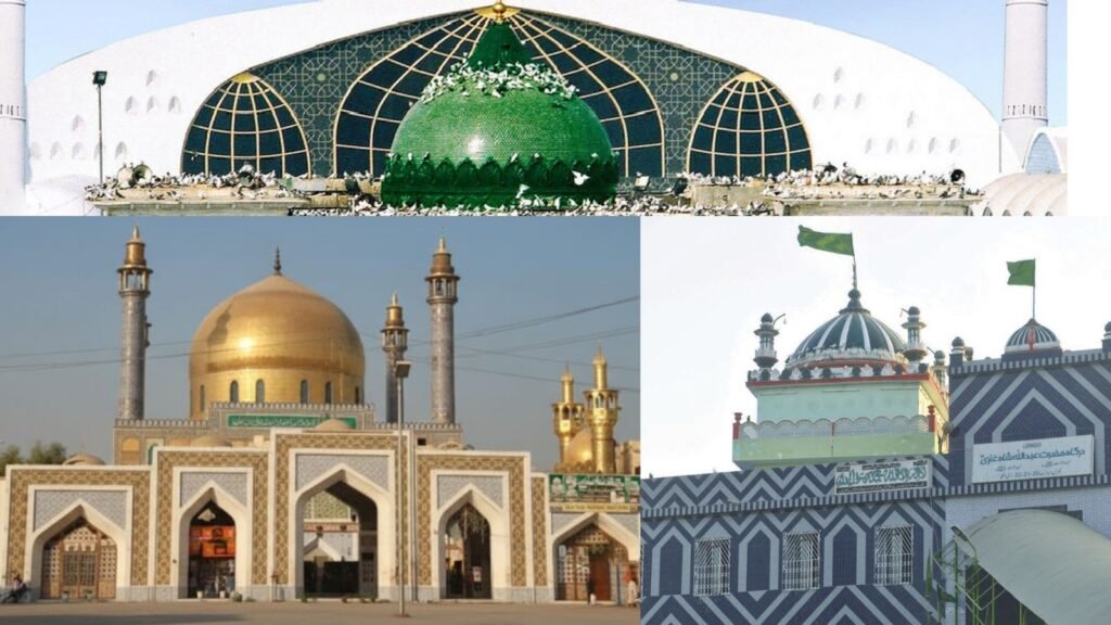 A collage of three prominent spiritual-places-in-pakistan: the top panel shows the vibrant green dome of Data Darbar in Lahore covered in pigeons; the bottom-left features the grand golden dome and minarets of the Lal Shahbaz Qalandar shrine in Sehwan; and the bottom-right displays the distinct blue-and-white geometric patterns of the Abdullah Shah Ghazi shrine in Karachi.