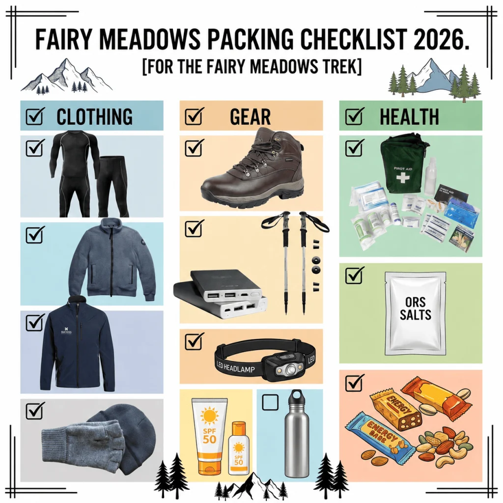 Fairy Meadows packing checklist for 2026 showing essential clothing, trekking gear, health supplies, ORS salts, energy snacks, sunscreen, water bottle, hiking boots and headlamp for the Fairy Meadows trek in Pakistan.