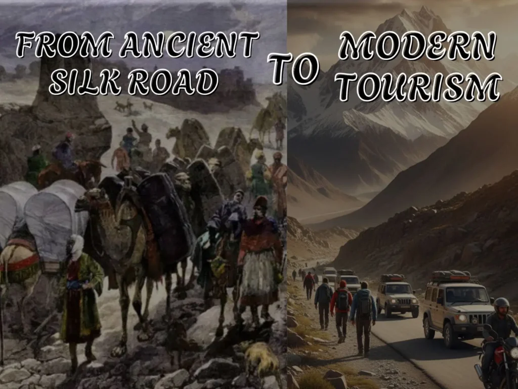 A split-image collage illustrating the history of Gilgit Baltistan from ancient Silk Road caravans—camels laden with goods, traders in traditional robes traversing rugged desert trails under a hazy sky—to modern tourism along the Karakoram Highway, with backpackers, jeeps, and motorbikes navigating dramatic snow-capped mountain valleys at dusk; overlaid text reads "FROM ANCIENT SILK ROAD TO TOURISM