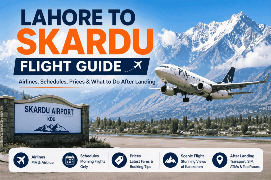 PIA airplane landing at Skardu Airport with the Karakoram Mountains, representing the Lahore to Skardu flight guide, schedules, ticket prices, and travel information