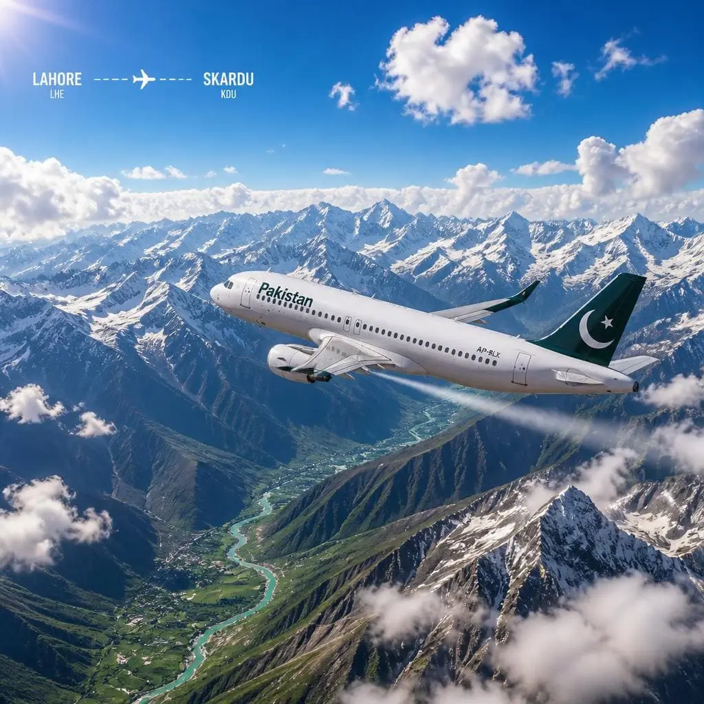 Commercial airplane flying from Lahore to Skardu above the Karakoram Mountains with snow-capped peaks and the Indus Valley below.