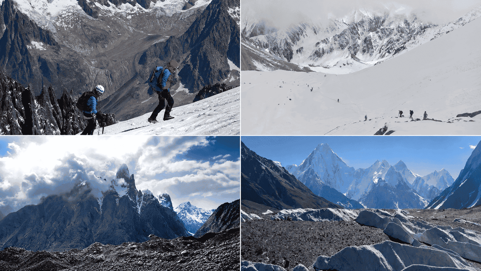 Collage of Concordia Pakistan featuring trekkers, snow-covered peaks, the Baltoro Glacier, and dramatic Karakoram mountain landscapes.