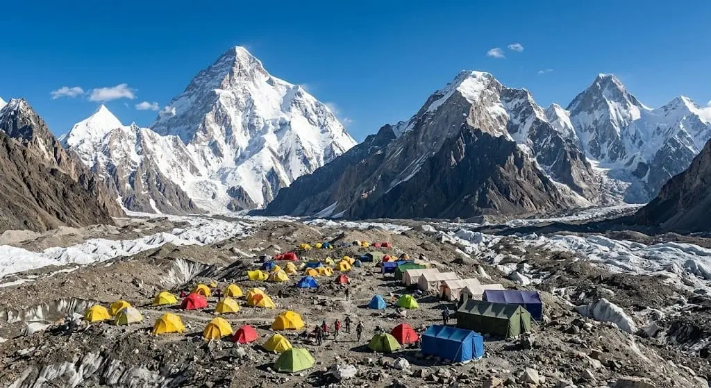 Colorful trekking tents at Concordia campsite with K2 and the Baltoro Glacier in the Karakoram Range, Gilgit-Baltistan, Pakistan.