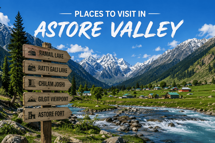 Wooden signpost pointing to tourist attractions in Astore Valley against a backdrop of snow-capped mountains.