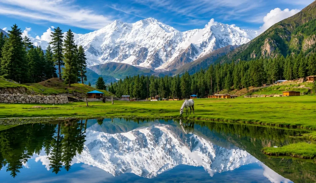 Best Time to Visit Fairy Meadows | Month-by-Month Guide 2 Best time to visit Fairy Meadows with a scenic view of Nanga Parbat and its reflection in the pond