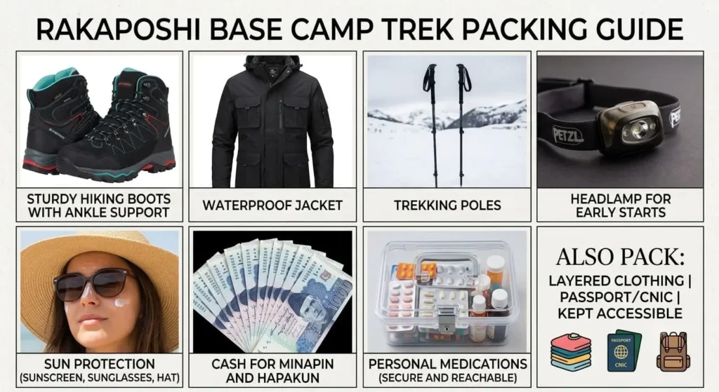 An image collage detailing the Rakaposhi Base Camp Trek Packing Guide,