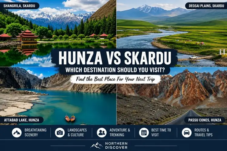 Hunza vs Skardu comparison collage featuring Shangrila Resort Skardu, Deosai Plains, Attabad Lake Hunza, and Passu Cones in Northern Pakistan.