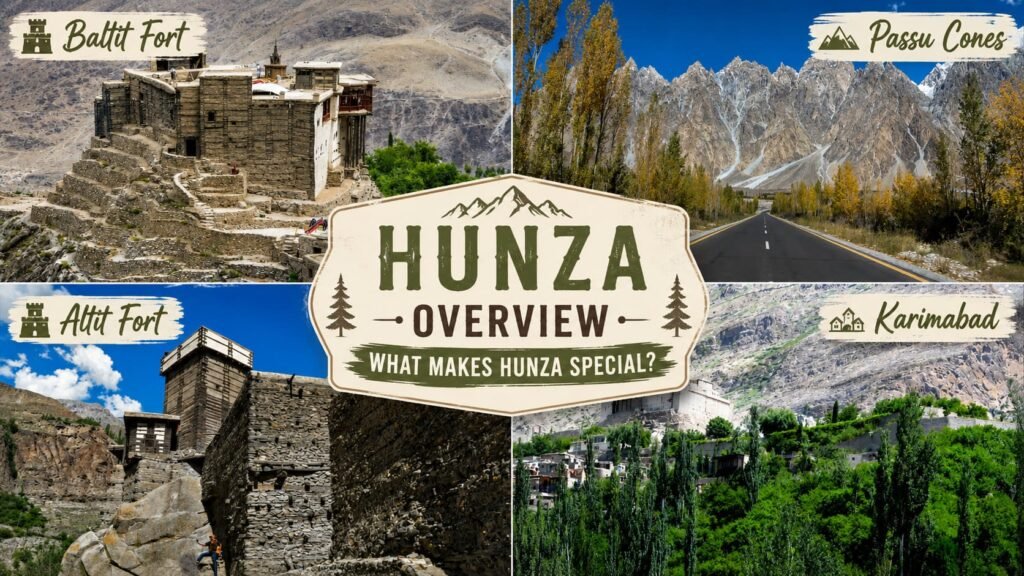 Four-panel collage displaying Hunza attractions featuring Baltit Fort, Passu Cones, Altit Fort, and Karimabad valley as part of a Skardu vs Hunza travel guide.