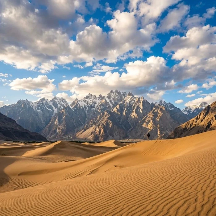 High altitude sand dunes framing rugged mountain peaks in the Cold Desert near Skardu.