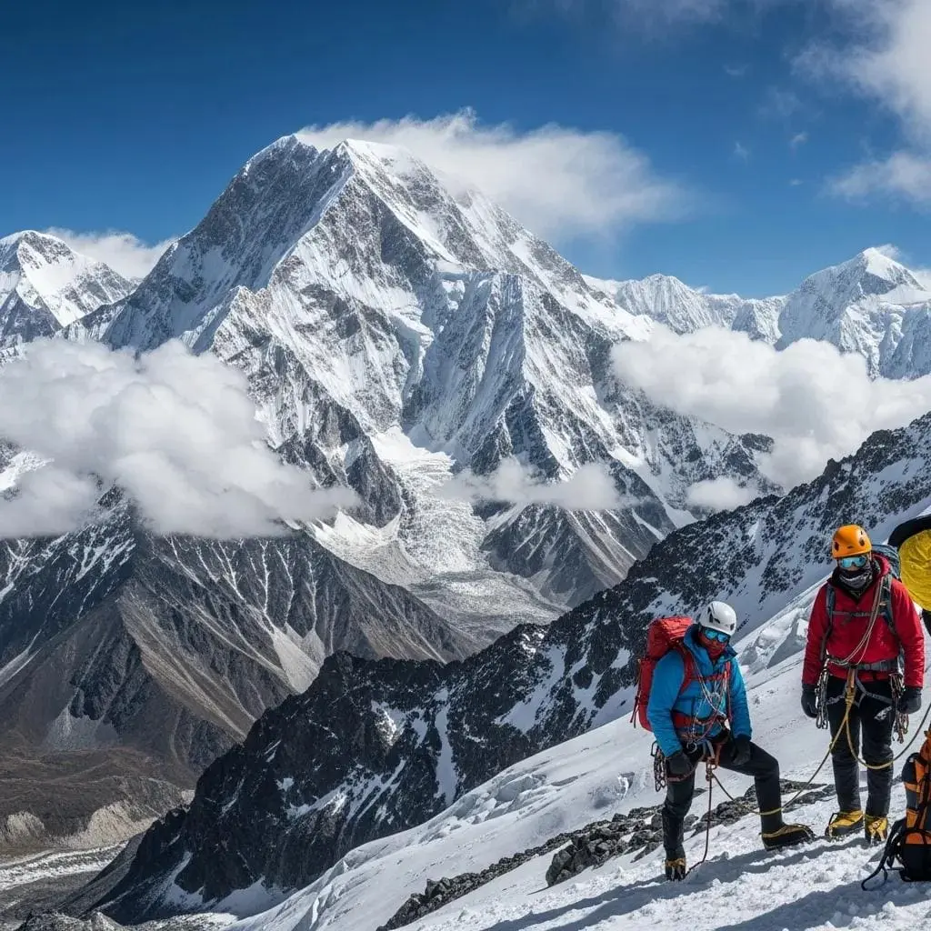 Mountaineers standing on a snowy ridge overlooking a towering snow-covered peak in the Karakoram Mountains, Pakistan.