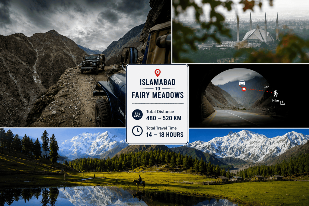 Islamabad to Fairy Meadows Road Journey – Distance, Time & Route Islamabad to Fairy Meadows road journey with jeep track, Islamabad Faisal Mosque, mountain tunnel, and Fairy Meadows