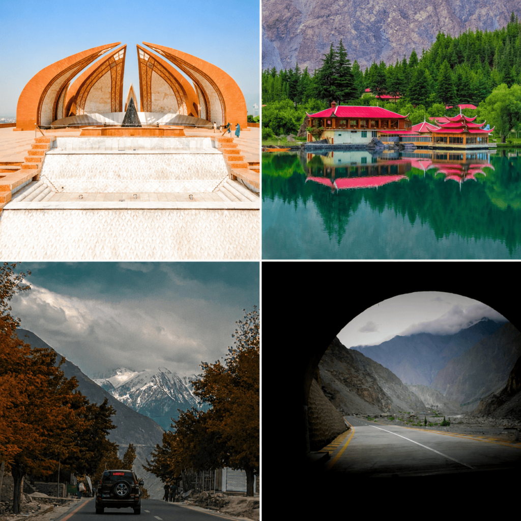 Collage showing Islamabad Monument, a scenic lake, mountain road, and Karakoram Highway in Gilgit-Baltistan.