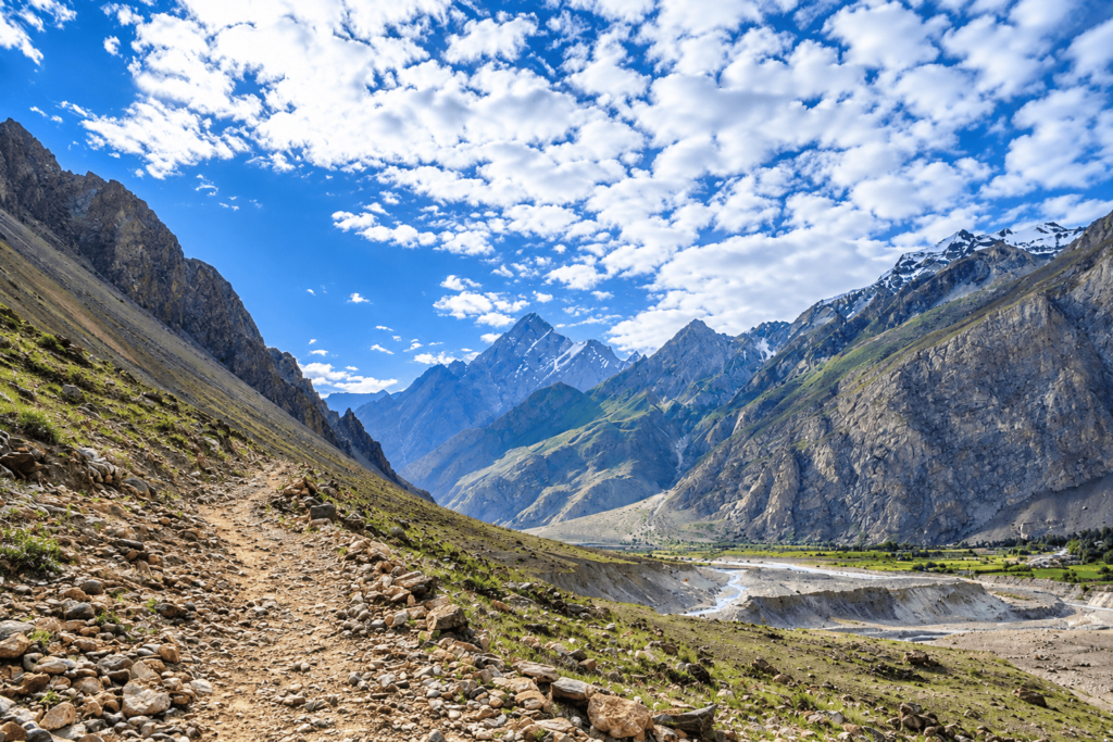 Scenic mountain valley and rocky trail in Askole, Gilgit-Baltistan
