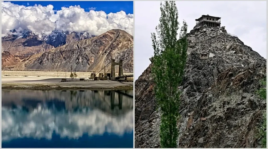 Side-by-side collage featuring the Saling Bridge reflecting over the Shyok River on the left, and the perched Thoksikhar Mosque on a steep rocky mountaintop on the right.