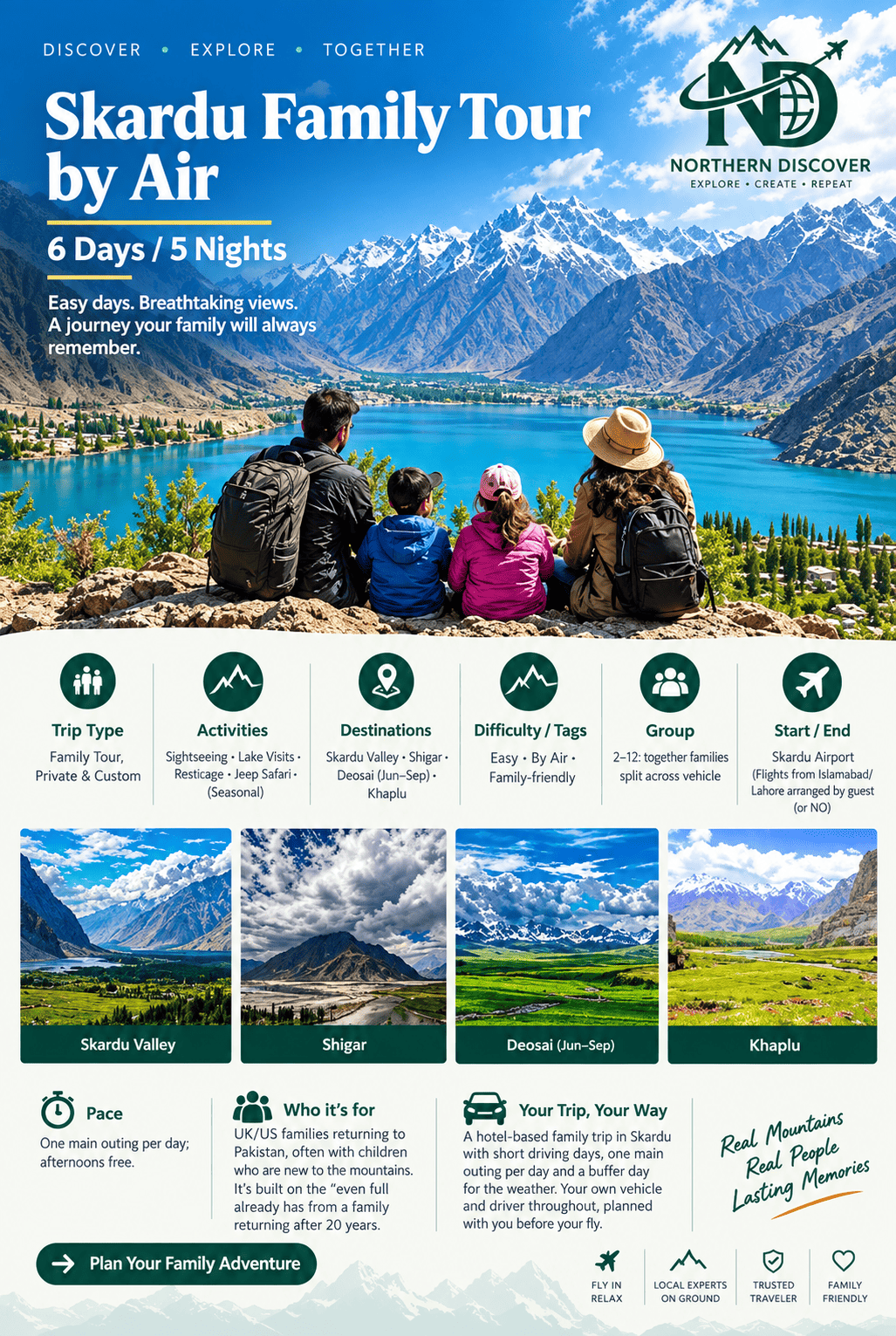 Travel advertisement infographic for Northern Discover's 6-day "Skardu Family Tour by Air," featuring a family by a mountain lake, a list of destinations with thumbnail images (Skardu Valley, Shigar, Deosai, Khaplu), and a detailed tour breakdown.