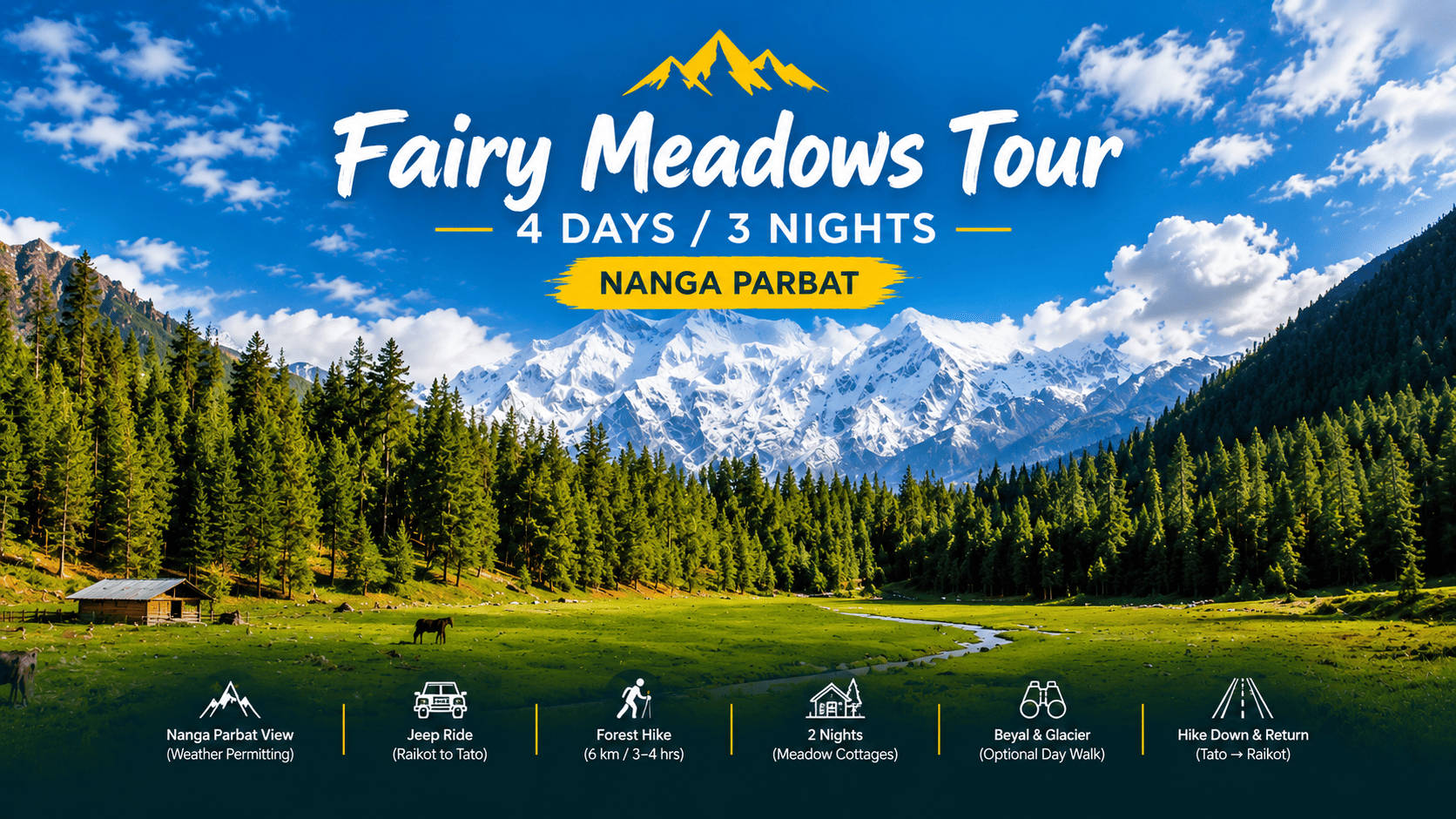 Fairy Meadows 4 days 3 nights tour featuring the snow-covered Nanga Parbat, lush green meadows, and dense pine forests in Northern Pakistan.