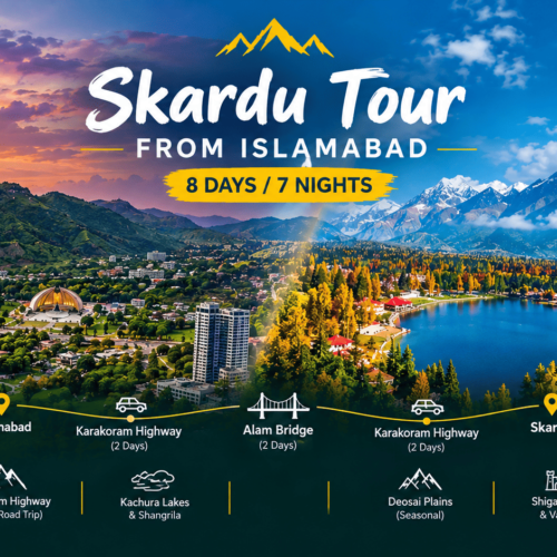 Islamabad to Skardu 8 days 7 nights road tour featuring Islamabad's green hills and Faisal Mosque alongside Skardu's turquoise Kachura Lake and snow-capped mountains.