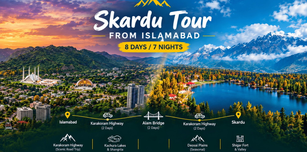 Islamabad to Skardu 8 days 7 nights road tour featuring Islamabad's green hills and Faisal Mosque alongside Skardu's turquoise Kachura Lake and snow-capped mountains.