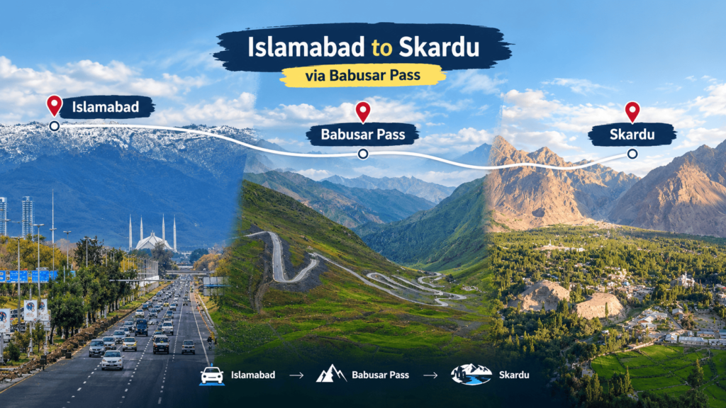 Islamabad to Skardu via Babusar Pass showing Islamabad, Babusar Pass mountain road, and Skardu valley