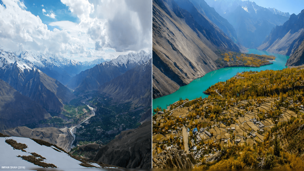 Mountain valleys, snowy peaks, turquoise lake, and autumn landscape in Northern Pakistan