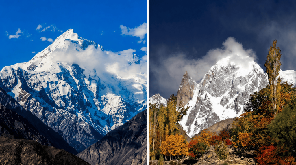 Snow-covered mountains in Northern Pakistan with autumn trees and rugged valleys