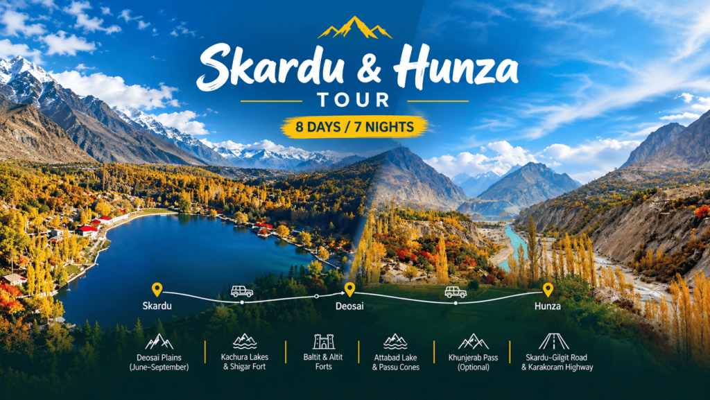 Skardu and Hunza 8 days 7 nights tour featuring Kachura Lake in Skardu and the scenic Hunza Valley with golden autumn trees, turquoise rivers, and mountain views.
