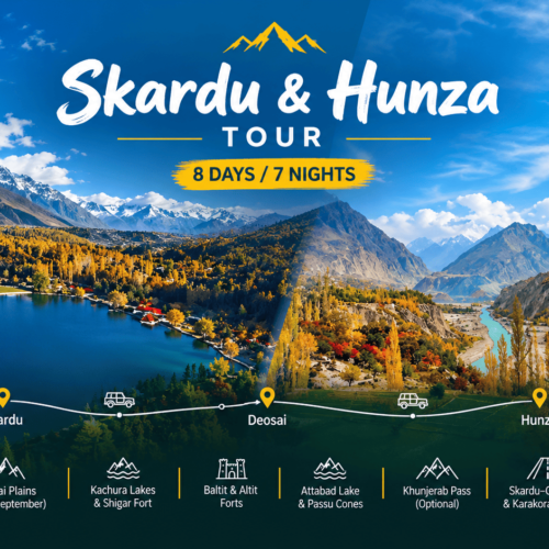 Skardu and Hunza 8 days 7 nights tour featuring Kachura Lake in Skardu and the scenic Hunza Valley with golden autumn trees, turquoise rivers, and mountain views.