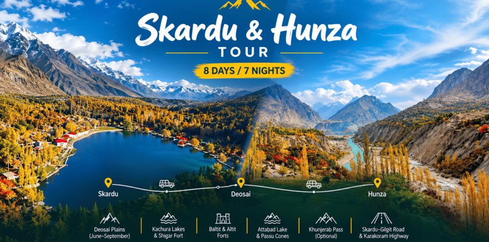Skardu and Hunza 8 days 7 nights tour featuring Kachura Lake in Skardu and the scenic Hunza Valley with golden autumn trees, turquoise rivers, and mountain views.